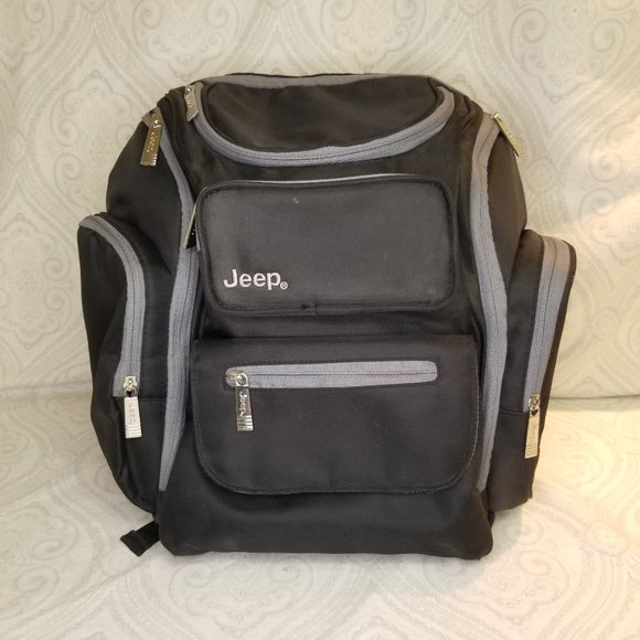 Jeep Black Gray Perfect Pockets Baby Diaper Bottle Backpack Wet Bag Pad Wipes - Picture 1 of 12